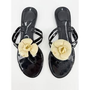 Chanel Camellia Jelly Thong Sandals Black Ivory Rubber CC Logo Flat Shoes 38